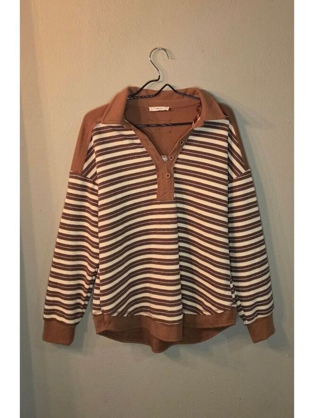 Tallulah Women’s Small Brown Striped Collared Henley Pullover Sweatshirt